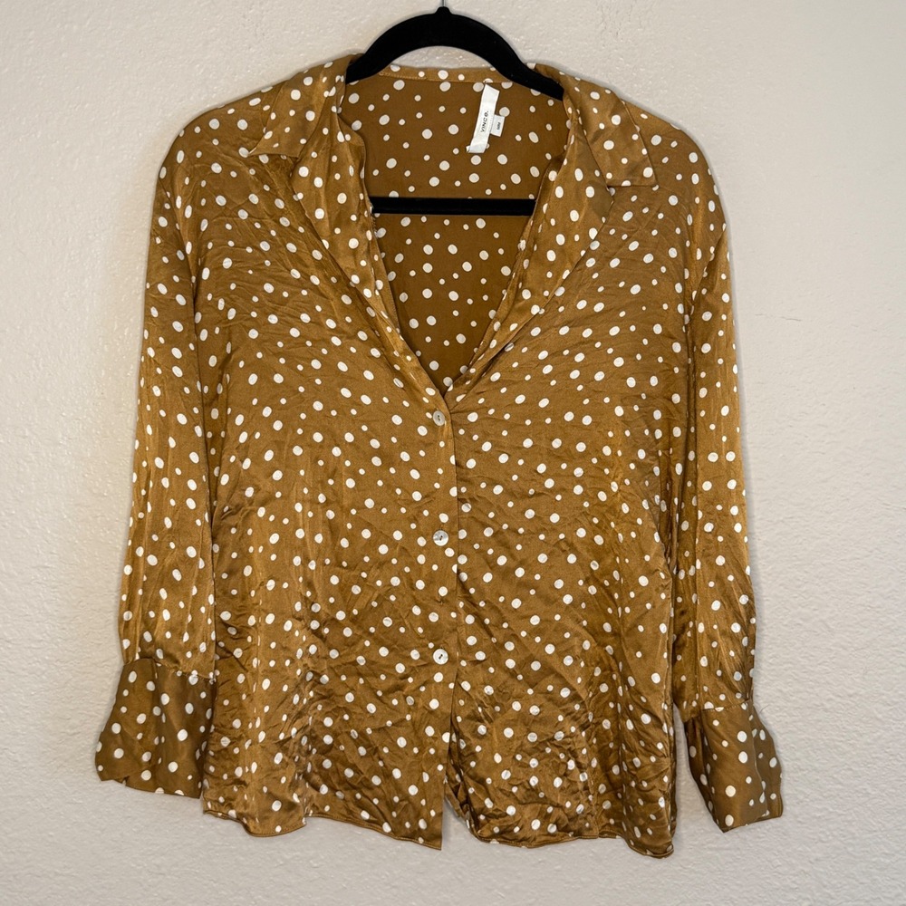 Quiet Luxury Preppy Vince Silk Polka Dot Button Down Blouse Brown White Womens M